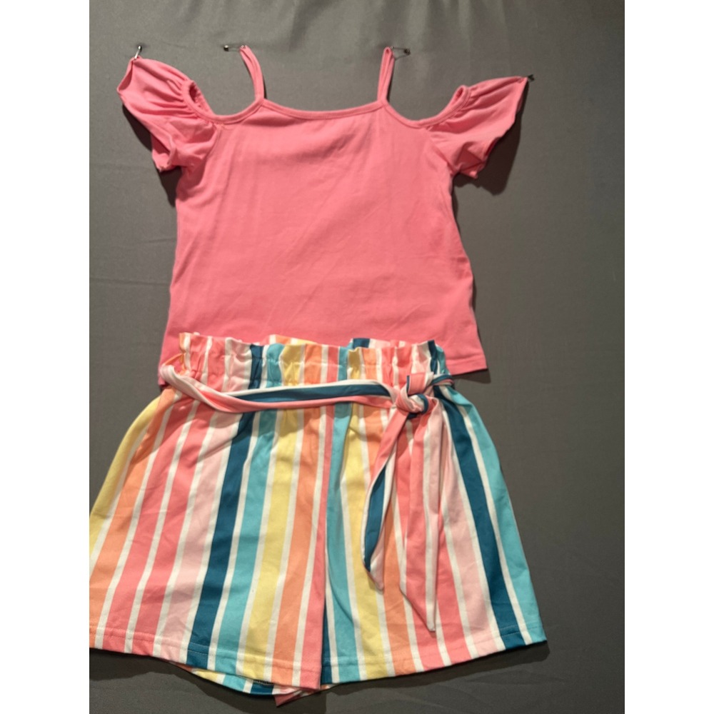 Girls Pink Cold Shoulder Ruffle Top and Multi Color Striped Shorts Set Size14-16